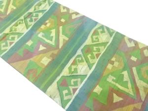 節紬　横段に幾何学模様織り出し　名古屋帯